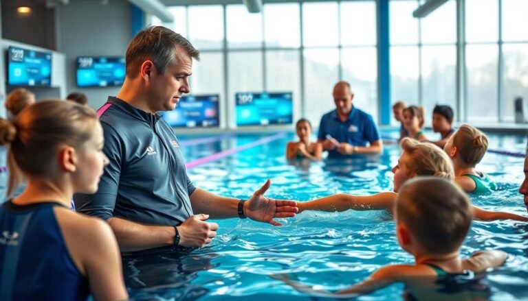 A dynamic swimming training session at an innovative pool facility, featuring a diverse group of learners and professional instructors. Foreground: a focused instructor demonstrating a new swimming technique, wearing a smart athletic outfit, while the students attentively observe. Middle ground: a modern pool with digital screens showcasing training metrics and innovative instructional tools. Background: large windows with natural light flooding in, creating a bright and inviting atmosphere. The scene captures a sense of collaboration, innovation, and determination, emphasizing the success of a swimming club’s training program. Soft lighting enhances the clarity of action, with a slight depth of field focusing on the instructor, making the atmosphere both motivational and engaging.