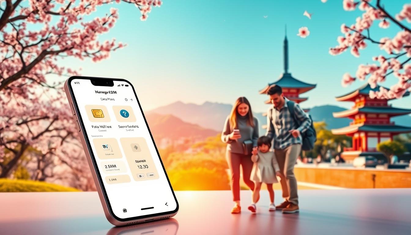 A vibrant and engaging depiction of a digital landscape representing Japanese eSIM recommended network solutions. In the foreground, a stylish smartphone displays a clean and user-friendly interface showcasing data plans, with icons symbolizing connectivity, speed, and convenience. The middle ground features a modern family, dressed in modest casual clothing, interacting with the smartphone, symbolizing the seamless experience of managing eSIMs during family travels. In the background, a picturesque view of Japan’s iconic landscapes, such as cherry blossoms and traditional architecture, creates a serene atmosphere. Soft, warm lighting enhances the familial connection while highlighting the innovative technology. The overall mood is upbeat and reassuring, emphasizing the advantages and adaptability of eSIM solutions for travelers in Japan.