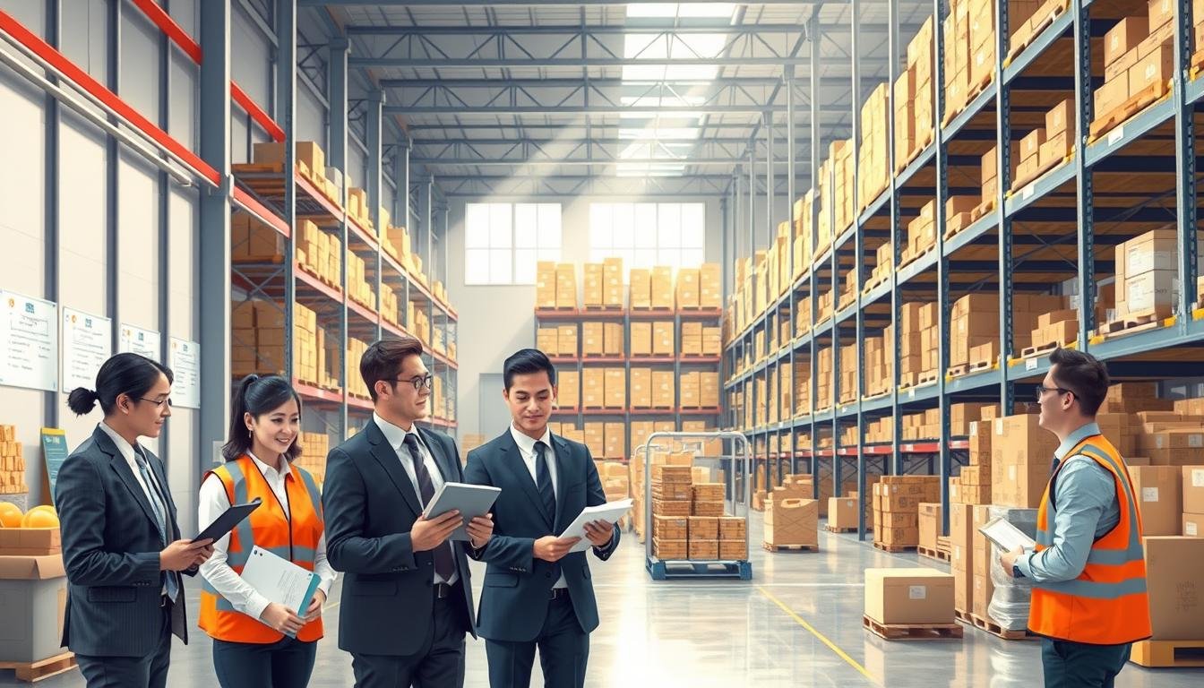 A visually detailed illustration of the "HKSSC Warehouse Safety Management Process". In the foreground, portray a diverse group of professionals in smart business attire, discussing and reviewing safety protocols with clipboards in hand. The middle ground features a well-organized warehouse environment, showcasing safety equipment like helmets and safety vests, alongside labeled storage areas and clear signage for workflow. In the background, depict large shelves neatly stocked with goods, illuminated by bright, natural lighting streaming through high windows, creating a clean and orderly atmosphere. The overall mood should convey a sense of professionalism, efficiency, and safety in logistics operations. Use a slight top-down angle to capture the layout and flow of the warehouse process effectively.