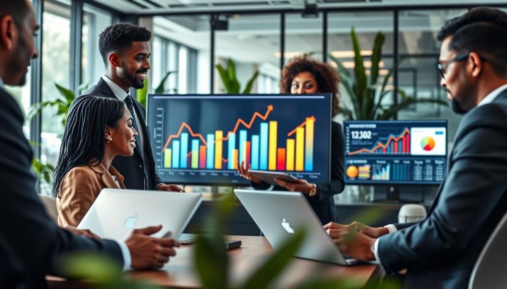 An office environment showcasing advanced SEO keyword ranking tools in action. In the foreground, a diverse team of three professionals, dressed in smart business attire, are engaged in an animated discussion while examining graphs and data on sleek laptops. The middle ground features a large digital screen displaying colorful, interactive keyword ranking analytics, with rising arrows indicating performance improvement. The background reveals a modern office with glass walls, green plants, and natural light streaming through, creating a vibrant atmosphere. The focus is on the teamwork and technology fueling better SEO keyword achievements, with a sense of innovation and energy in the air. Soft lighting enhances the professional mood, while a slight depth of field blurs the background to emphasize the team's collaboration. An office environment showcasing advanced SEO keyword ranking tools in action. In the foreground, a diverse team of three professionals, dressed in smart business attire, are engaged in an animated discussion while examining graphs and data on sleek laptops. The middle ground features a large digital screen displaying colorful, interactive keyword ranking analytics, with rising arrows indicating performance improvement. The background reveals a modern office with glass walls, green plants, and natural light streaming through, creating a vibrant atmosphere. The focus is on the teamwork and technology fueling better SEO keyword achievements, with a sense of innovation and energy in the air. Soft lighting enhances the professional mood, while a slight depth of field blurs the background to emphasize the team's collaboration.
