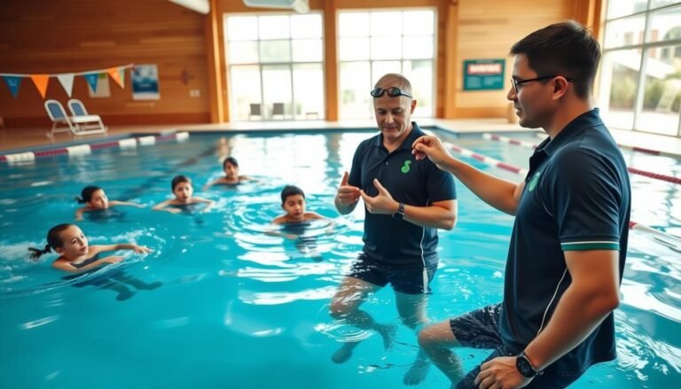A professional swimming class in an indoor pool setting, featuring a skilled swimming coach demonstrating fundamental techniques to a small group of students. In the foreground, the coach, dressed in a professional polo and swim shorts, is actively engaging with students, providing hands-on guidance. The middle ground showcases attentive students of various ages, wearing modest swim gear, practicing their strokes in the water. The background reveals a bright, well-lit pool area, with large windows letting in natural light, creating a welcoming atmosphere. The image captures a sense of focus, teamwork, and dedication, emphasizing the unique training methods taught at a renowned swimming academy. The angle is slightly above eye level, showcasing both the coach and students in action.