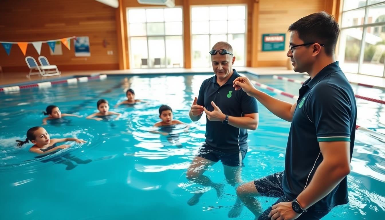 A professional swimming class in an indoor pool setting, featuring a skilled swimming coach demonstrating fundamental techniques to a small group of students. In the foreground, the coach, dressed in a professional polo and swim shorts, is actively engaging with students, providing hands-on guidance. The middle ground showcases attentive students of various ages, wearing modest swim gear, practicing their strokes in the water. The background reveals a bright, well-lit pool area, with large windows letting in natural light, creating a welcoming atmosphere. The image captures a sense of focus, teamwork, and dedication, emphasizing the unique training methods taught at a renowned swimming academy. The angle is slightly above eye level, showcasing both the coach and students in action.