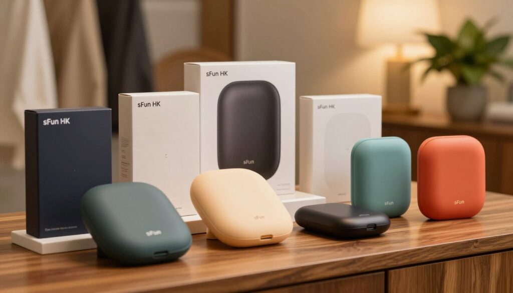 A sleek display of sFun HK's high-quality product line, featuring various elegantly packaged items arranged on a polished wooden surface. In the foreground, several products are showcased, emphasizing their sleek designs and vibrant colors. In the middle, soft warm lighting creates a cozy atmosphere, highlighting the textures and details of each item, giving a sense of intimacy and trust. The background includes blurred decorative elements like soft fabrics or elegant plants, contributing to a sophisticated ambiance. The scene is captured with a slightly low angle, showcasing the products grandly, as if inviting the viewer to explore. The overall mood conveys a sense of refinement and reliability, perfect for a discerning audience looking for quality recommendations. 4:3 aspect ratio. A sleek display of sFun HK's high-quality product line, featuring various elegantly packaged items arranged on a polished wooden surface. In the foreground, several products are showcased, emphasizing their sleek designs and vibrant colors. In the middle, soft warm lighting creates a cozy atmosphere, highlighting the textures and details of each item, giving a sense of intimacy and trust. The background includes blurred decorative elements like soft fabrics or elegant plants, contributing to a sophisticated ambiance. The scene is captured with a slightly low angle, showcasing the products grandly, as if inviting the viewer to explore. The overall mood conveys a sense of refinement and reliability, perfect for a discerning audience looking for quality recommendations. 4:3 aspect ratio.