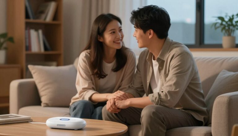 A soft, warm-lit scene depicting a cozy living room, where a couple, dressed in casual yet professional attire, is engaging in a heartfelt discussion. The foreground features a modern, discreetly designed vibrating device subtly placed on a side table, symbolizing the emotional connection in their relationship. The couple, with genuine smiles, is positioned in the middle of the frame, leaning towards each other, conveying intimacy and trust. The background shows a softly blurred bookshelf filled with romantic novels and a window revealing a peaceful evening outside. The overall mood is warm and inviting, highlighting emotional communication and the bond fostered through shared experiences, with a cinematic vibe in a 4:3 aspect ratio.