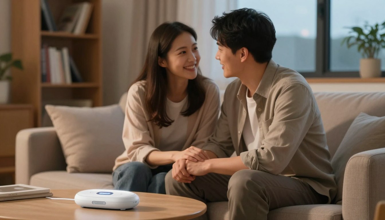 A soft, warm-lit scene depicting a cozy living room, where a couple, dressed in casual yet professional attire, is engaging in a heartfelt discussion. The foreground features a modern, discreetly designed vibrating device subtly placed on a side table, symbolizing the emotional connection in their relationship. The couple, with genuine smiles, is positioned in the middle of the frame, leaning towards each other, conveying intimacy and trust. The background shows a softly blurred bookshelf filled with romantic novels and a window revealing a peaceful evening outside. The overall mood is warm and inviting, highlighting emotional communication and the bond fostered through shared experiences, with a cinematic vibe in a 4:3 aspect ratio.