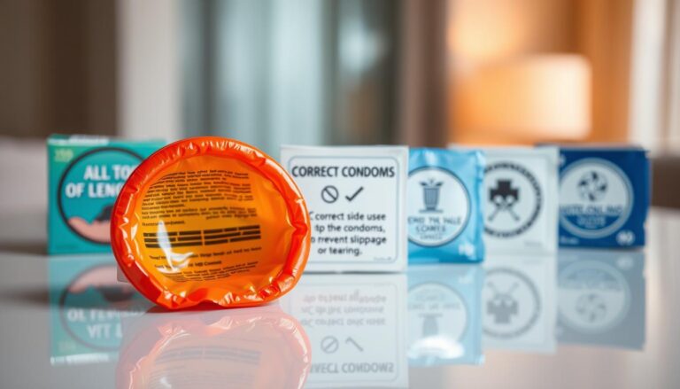 A close-up shot of a variety of condoms displayed on a smooth, reflective surface, showcasing both the correct and incorrect sides in a well-lit environment. The foreground features a brightly colored condom partially unwrapped to highlight its texture and packaging instructions, emphasizing the importance of understanding its functionality. In the middle ground, additional condoms with clear labeling illustrate the correct side and tips on usage to prevent slippage or tearing. The background is softly blurred with a warm, inviting atmosphere, using soft diffused lighting to create a sense of safety and trust. The composition focuses on the impact of proper condom usage on sexual health, reflecting a professional and educational tone.