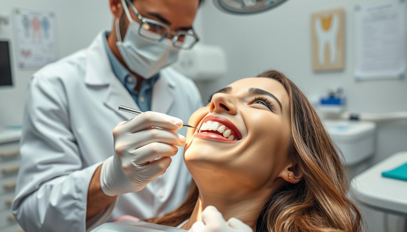 A dental clinic setting, featuring a professional dental practitioner in a white coat, demonstrating the process of applying dental veneers on a patient's teeth. The foreground shows the smiling patient in a modest casual outfit, with a focus on their sparkling white teeth and the glossy veneer being placed. In the middle, the dentist’s careful hands are holding a veneer while using dental tools, with a soft light illuminating the scene, emphasizing a clean and sterile environment. The background includes dental equipment and a wall with dental charts, creating a reassuring atmosphere. The overall mood is confident and uplifting, symbolizing the transformation and care in achieving a beautiful smile through dental veneers.