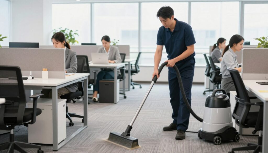A professional office carpet cleaning service scene illustrating efficiency and minimal disruption to operations. In the foreground, a technician in smart business attire operates a carpet cleaning machine, focused on a section of plush carpet. In the middle ground, various office partitions can be seen, with employees working at their desks, dressed in professional clothing, appearing relaxed despite the ongoing cleaning. The background features large windows letting in natural light, creating a bright and inviting atmosphere. The image should capture a balance of professionalism and tranquility, with a clean, modern office aesthetic. The lighting is bright and even, emphasizing cleanliness and orderliness in the workspace.
