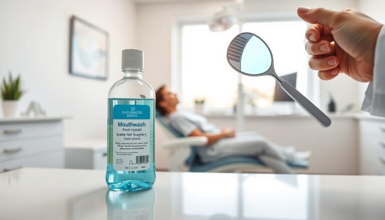 A clean and professional dental clinic setting featuring an open bottle of specialized mouthwash on a countertop. In the foreground, there is a dentist's hand holding a dental mirror, reflecting a caring and attentive demeanor. In the middle, a dental chair with a visible patient, who is calmly following post-surgery oral hygiene instructions, is shown. In the background, a bright window allows soft natural light to filter in, creating a warm and healing atmosphere. The scene conveys a sense of reassurance and expertise, highlighting the importance of using mouthwash after dental implant surgery to prevent bacterial growth. The composition focuses on cleanliness and dental care professionalism, emphasizing the crucial role of mouthwash in recovery.