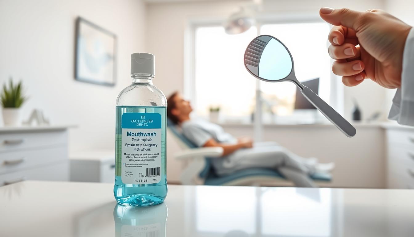 A clean and professional dental clinic setting featuring an open bottle of specialized mouthwash on a countertop. In the foreground, there is a dentist's hand holding a dental mirror, reflecting a caring and attentive demeanor. In the middle, a dental chair with a visible patient, who is calmly following post-surgery oral hygiene instructions, is shown. In the background, a bright window allows soft natural light to filter in, creating a warm and healing atmosphere. The scene conveys a sense of reassurance and expertise, highlighting the importance of using mouthwash after dental implant surgery to prevent bacterial growth. The composition focuses on cleanliness and dental care professionalism, emphasizing the crucial role of mouthwash in recovery.
