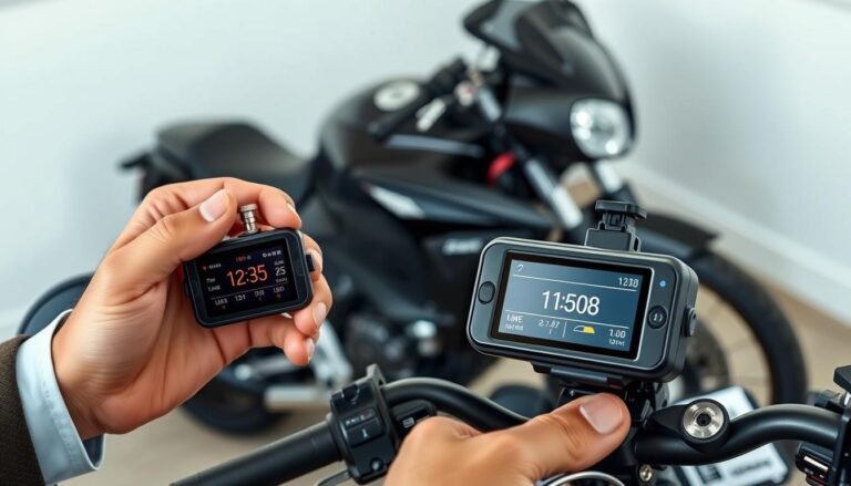 A detailed illustration depicting the basic calibration methods for a motorcycle dash camera. In the foreground, a professional individual dressed in smart casual attire is adjusting settings on a compact motorcycle dash camera, using a small tool for manual calibration. The middle ground features a close-up of the camera screen, displaying time and date settings alongside visual indicators for correct synchronization. In the background, a well-maintained motorcycle is parked, with tools and a user manual neatly arranged nearby, emphasizing an organized workspace. The lighting is soft and natural, hinting at an indoor setting, creating a focused and instructional atmosphere. The image is composed with a slight angle to provide depth, ensuring the subject stands out clearly and inviting readers to learn the calibration techniques.
