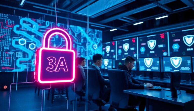A futuristic and secure gaming environment representing "3A 娛樂城" with a focus on cybersecurity measures. In the foreground, a sleek digital lock symbol shines against a backdrop of abstract code and network imagery that conveys encryption and data protection. The middle ground features a group of professional gamers, dressed in smart casual attire, focused on their computers, engaging in online games, showcasing a blend of excitement and concentration. The background is filled with glowing screens displaying digital shields and firewalls, creating an atmosphere of safety and modern technology. Soft, bright lighting illuminates the scene, enhancing the sense of security and innovation. The overall mood is dynamic yet secure, representing the intersection of gaming and cybersecurity.