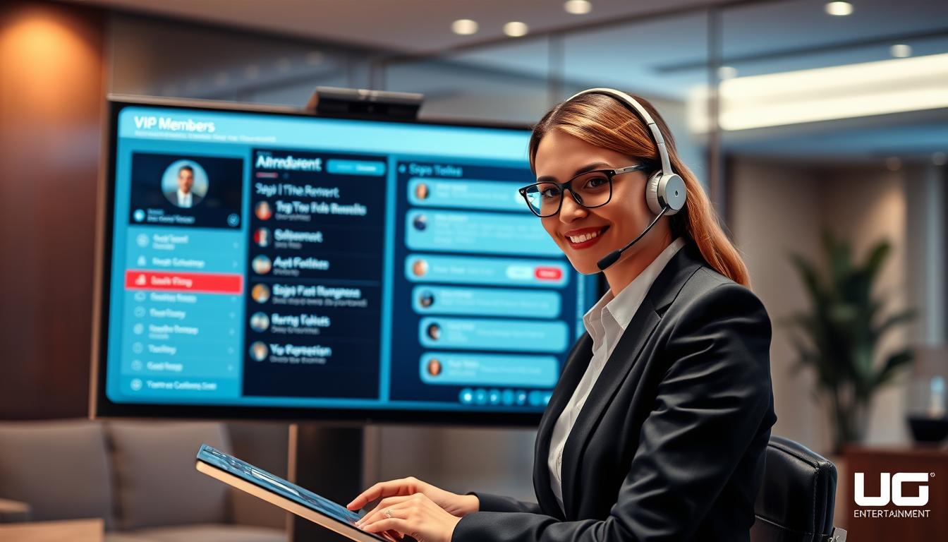 A modern, sleek customer service interface design, featuring a dedicated, one-on-one support channel for VIP members of UG Entertainment. The foreground showcases a professional-looking customer service representative, dressed in formal business attire, engaging with a digital interface. The middle ground includes a high-tech screen displaying intuitive chat features and assistance options. The background features subtle hints of a stylish office environment with soft lighting, creating a warm, welcoming atmosphere. The image captures a sense of exclusivity and professionalism, emphasizing the importance of personalized support for valued customers. The overall mood is sophisticated yet approachable, illustrating trust and high-quality service in the online gaming industry.