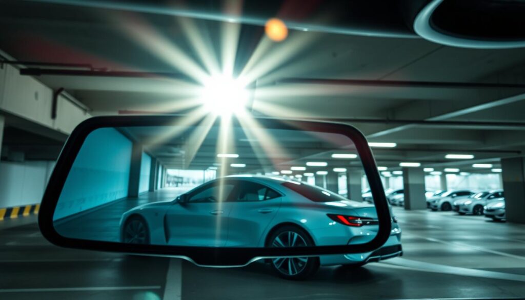 A modern underground parking garage, showcasing the application of an electronic rearview mirror system during the daytime. In the foreground, a close-up view of the high-tech electronic rearview mirror displays a clear, vivid image of the parking area, effectively mitigating harsh sunlight glare. In the middle ground, a sleek, well-lit vehicle with glossy curves contrasts against the concrete structure, emphasizing the functionality of the electronic mirror. The background features rows of parked cars and subtle overhead lighting, creating a spacious yet intimate atmosphere. Bright sunlight streams into the garage, highlighting the innovative technology at work. The overall mood conveys safety, modernity, and advanced automotive technology, with the scene captured from a low angle to accentuate the mirror's importance in enhancing driving visibility.