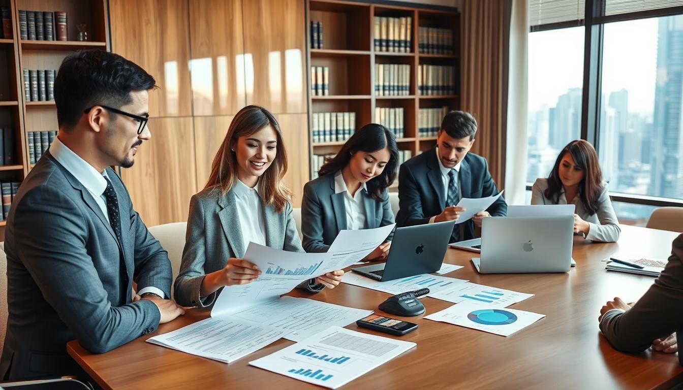 A professional office setting featuring a diverse team of business consultants in formal attire, collaborating over a large conference table. In the foreground, a confident female company secretary is actively engaging with clients, showcasing her expertise with documents spread out, emphasizing compliance and professional services. The middle-ground showcases other team members discussing strategies and analyzing data on laptops, with charts and graphs in view to depict their roles in maintaining legal compliance. The background includes shelves with legal books and a window revealing the Hong Kong skyline, bathed in warm, natural light. The atmosphere conveys professionalism and reassurance, highlighting the importance of company secretary services for foreign investors in Hong Kong.