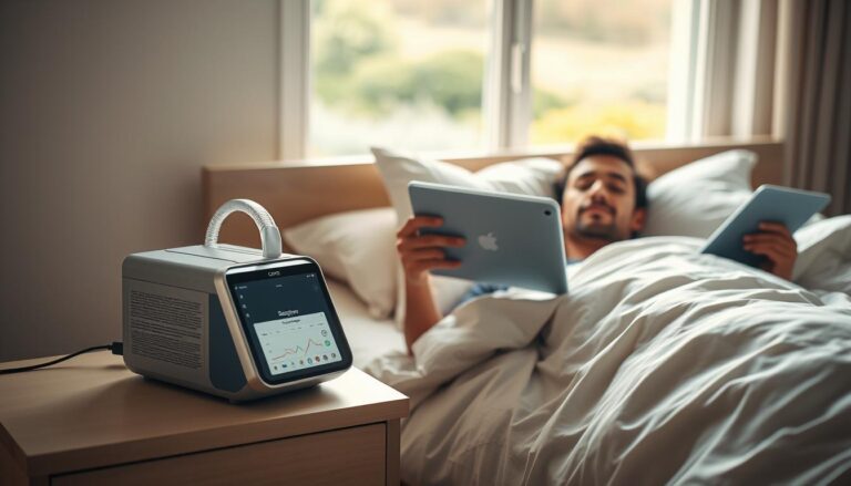 A serene bedroom scene featuring a CPAP machine on a bedside table, showcasing its sleek and modern design. In the foreground, a person in modest casual clothing, lying comfortably in bed with a peaceful expression, utilizing the CPAP machine while reading a sleep quality evaluation on a tablet. Soft, natural lighting filters through a window, creating a warm and inviting atmosphere. In the background, a softly blurred landscape view of a tranquil garden can be seen, enhancing the feeling of relaxation and health. The composition should convey comfort and the positive impact of using a sleep apnea machine, suitable for athletes seeking quality sleep.