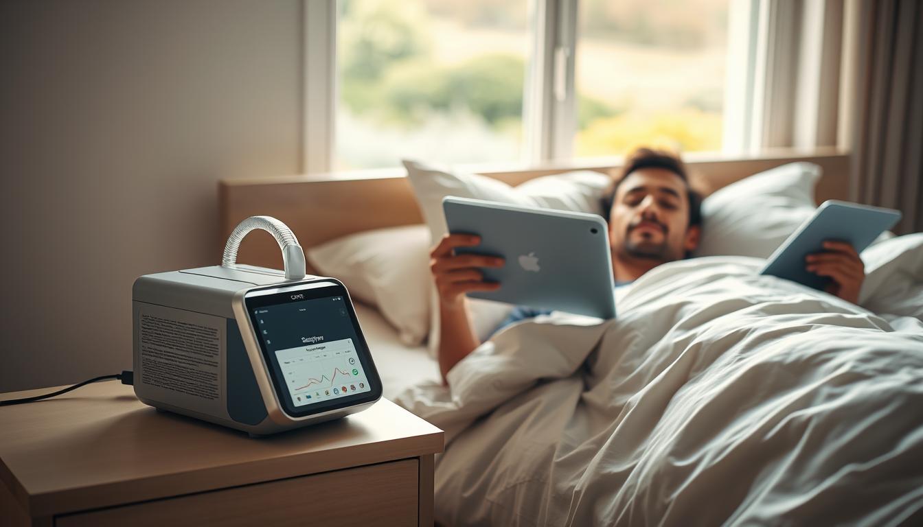A serene bedroom scene featuring a CPAP machine on a bedside table, showcasing its sleek and modern design. In the foreground, a person in modest casual clothing, lying comfortably in bed with a peaceful expression, utilizing the CPAP machine while reading a sleep quality evaluation on a tablet. Soft, natural lighting filters through a window, creating a warm and inviting atmosphere. In the background, a softly blurred landscape view of a tranquil garden can be seen, enhancing the feeling of relaxation and health. The composition should convey comfort and the positive impact of using a sleep apnea machine, suitable for athletes seeking quality sleep.