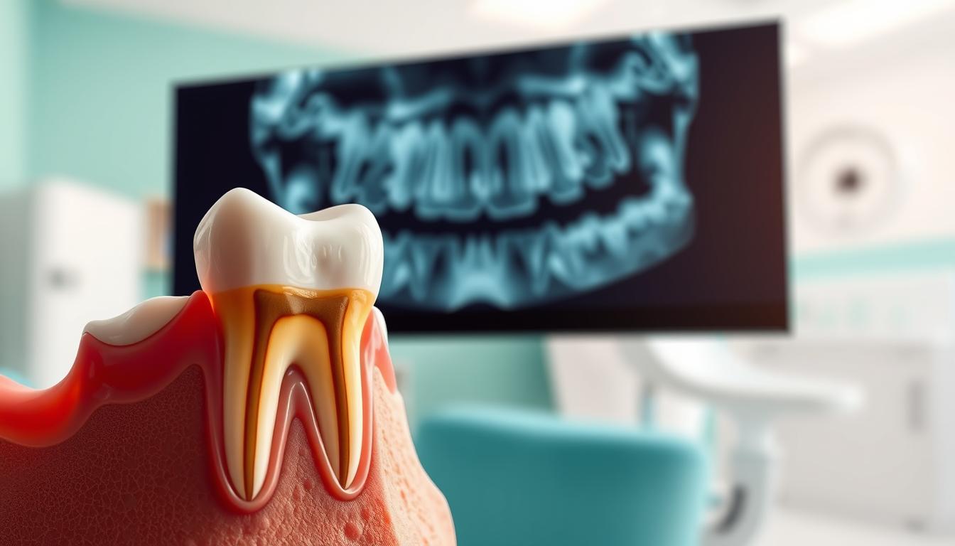 An informative dental-themed illustration depicting an impacted wisdom tooth nestled deep in the gums, surrounded by healthy teeth. In the foreground, there's a close-up view of the wisdom tooth itself, highlighting its roots and the surrounding gum tissue. In the middle ground, show a panoramic dental X-ray showcasing multiple teeth and the hidden wisdom teeth, giving context to their position within the mouth. The background could feature a softly blurred dental clinic, emphasizing cleanliness and medical professionalism. Use bright, clinical lighting to highlight the details of the tooth and its surroundings, creating an atmosphere of awareness and concern for oral health. The composition should evoke a sense of importance regarding regular dental check-ups and monitoring hidden wisdom teeth.