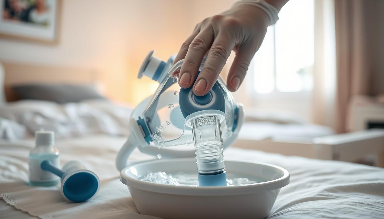 A close-up view of a sleep apnea mask being meticulously cleaned, highlighting the importance of hygiene. In the foreground, a pair of clean, gloved hands gently scrubbing the mask with a soft brush, bubbles from a gentle soap solution creating a sense of cleanliness. The middle ground features a well-organized cleaning station with a bright light illuminating the mask and cleaning supplies, emphasizing the meticulous attention to detail. The background showcases a serene bedroom environment, with soft, soothing colors and natural light filtering in through a window, creating a calm and informative atmosphere. The focus is sharp on the mask and hands, with a slight blur in the background to draw attention to the cleaning process, symbolizing the critical importance of maintaining a clean and effective respiratory device.
