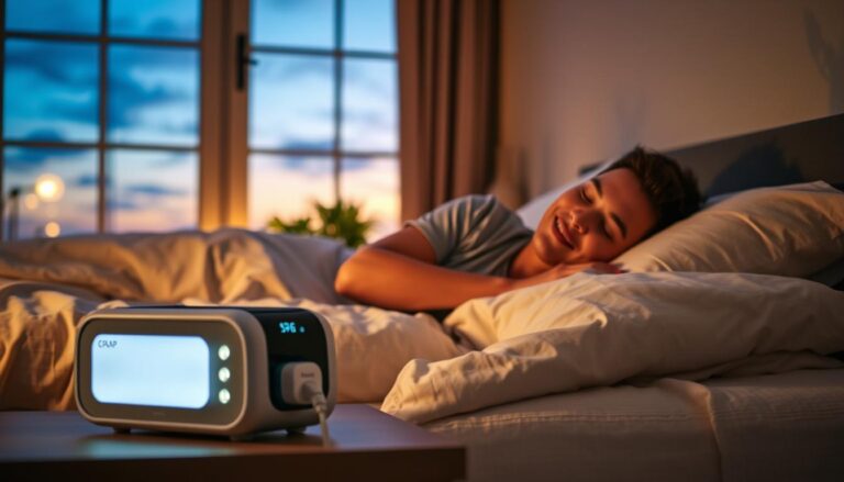 A serene bedroom scene during evening hours, softly illuminated by warm ambient light. In the foreground, a sleek, modern CPAP sleep apnea machine sits on a bedside table, with a gentle glow from its indicator lights. In the middle ground, a person in modest casual clothing, comfortably resting, is positioned in a relaxed sleeping posture, their face peaceful, reflecting contentment and restful sleep. The background features calming hues of a twilight sky visible through a window, with subtle touches of greenery from outdoor plants. The overall atmosphere is tranquil and restorative, conveying the relationship between peaceful sleep and improved cognitive health, highlighting a harmonious space conducive to memory enhancement.