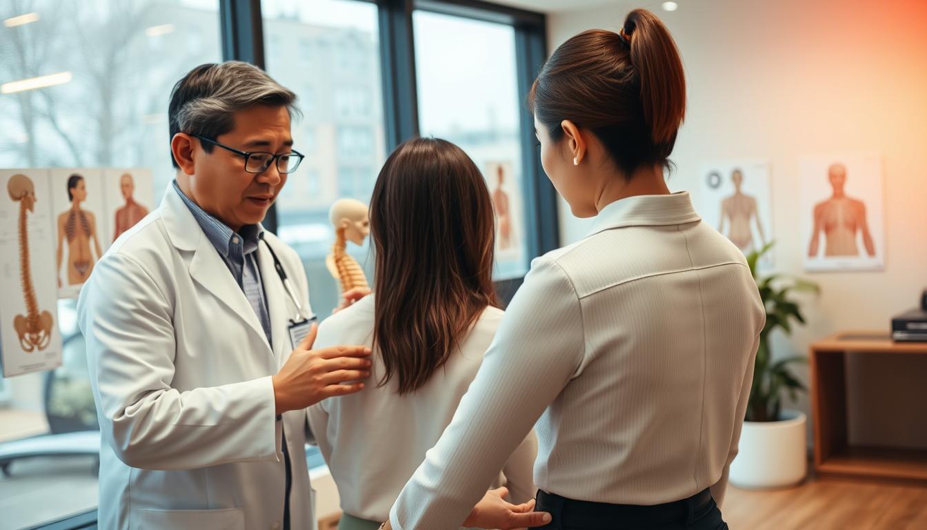 A professional chiropractor in a modern office setting conducts a detailed assessment of a client exhibiting signs of poor posture, particularly "turtle neck" and rounded shoulders. In the foreground, focus on the chiropractor, a middle-aged Asian male in a white coat, and the client, a young Caucasian female in business casual attire, both engaged in active discussion. In the middle ground, a spine model and anatomical posters are visible, adding context to the professional environment. The background features large windows allowing natural light to flood the room, creating a warm and inviting atmosphere. The scene captures a sense of professionalism, concern, and the importance of seeking health assessments for office-related posture issues. Use a soft focus to enhance the mood while ensuring the details are clear.