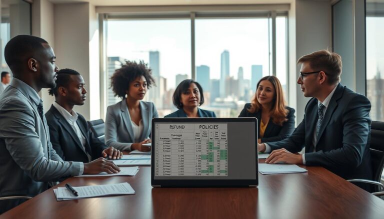 A professional setting depicting a business discussion on the topic of refund policies for service fees in a US purchasing context. In the foreground, a diverse group of three individuals in professional business attire, sitting around a modern conference table, engaged in conversation. The middle layer contains documents and a laptop open to a spreadsheet titled "Refund Policies" with visuals of numbers and graphs illustrating fee structures. In the background, a large window revealing a city skyline on a sunny day, casting natural light that enhances the room's atmosphere. The mood is serious yet collaborative, conveying an environment of clarity and professionalism, aimed at understanding the intricacies of fee refunds in a business transaction. The image has a warm color palette with soft shadows, reflecting an inviting yet focused atmosphere.