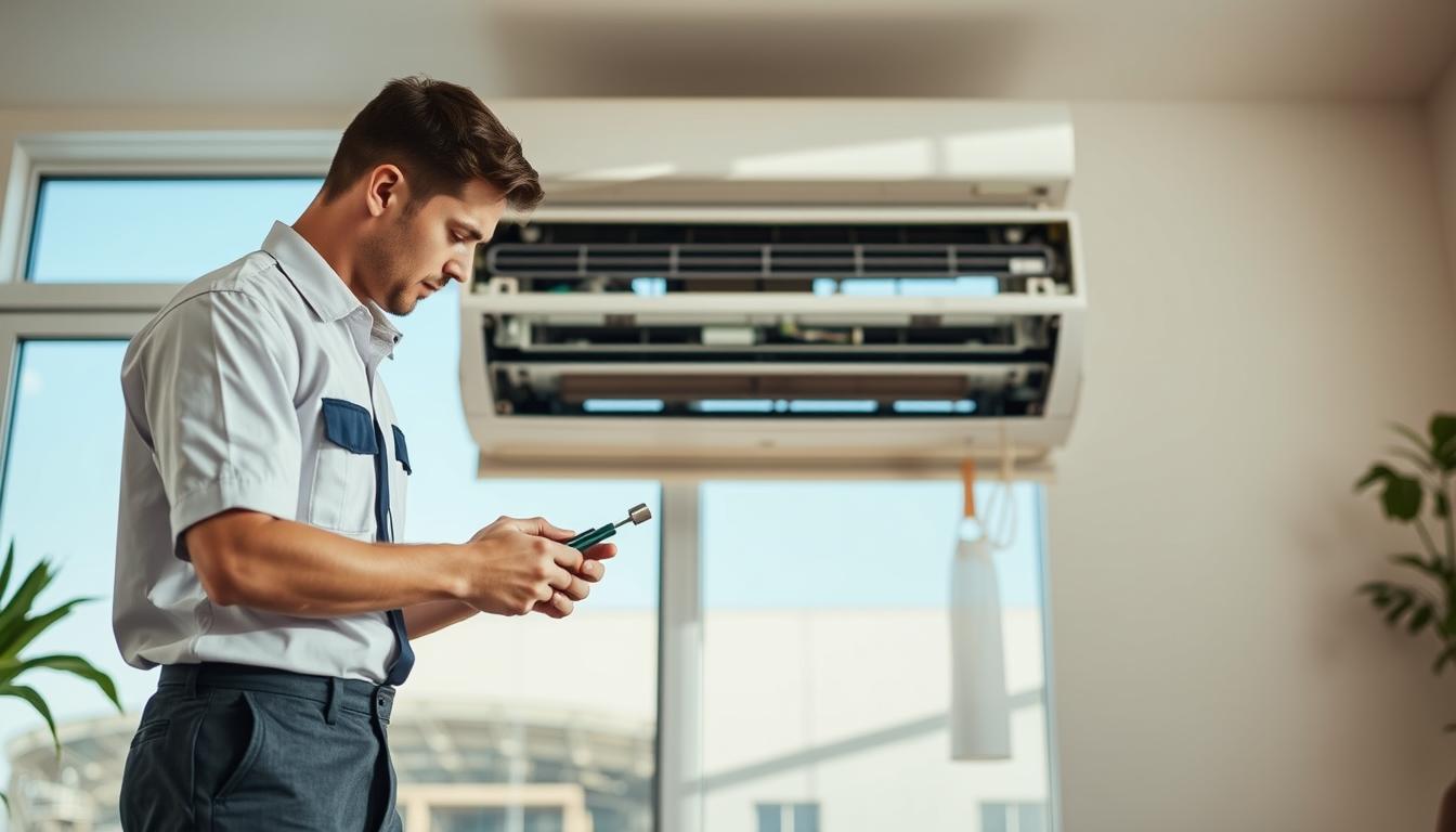 A professional technician wearing a neat uniform is working on an air conditioning unit inside a modern, well-lit living room. In the foreground, focus on the technician examining components of the air conditioner with tools in hand, showcasing diligence and expertise. The middle ground features a partially disassembled air conditioning unit, illustrating the repair process. In the background, through a large window, a clear blue sky indicates a warm day, emphasizing the importance of efficient air conditioning. Soft, natural lighting enhances the scene, creating a calm and professional atmosphere. The overall mood should convey reliability and meticulous attention to detail, highlighting the commitment to timely and efficient air conditioning repairs.
