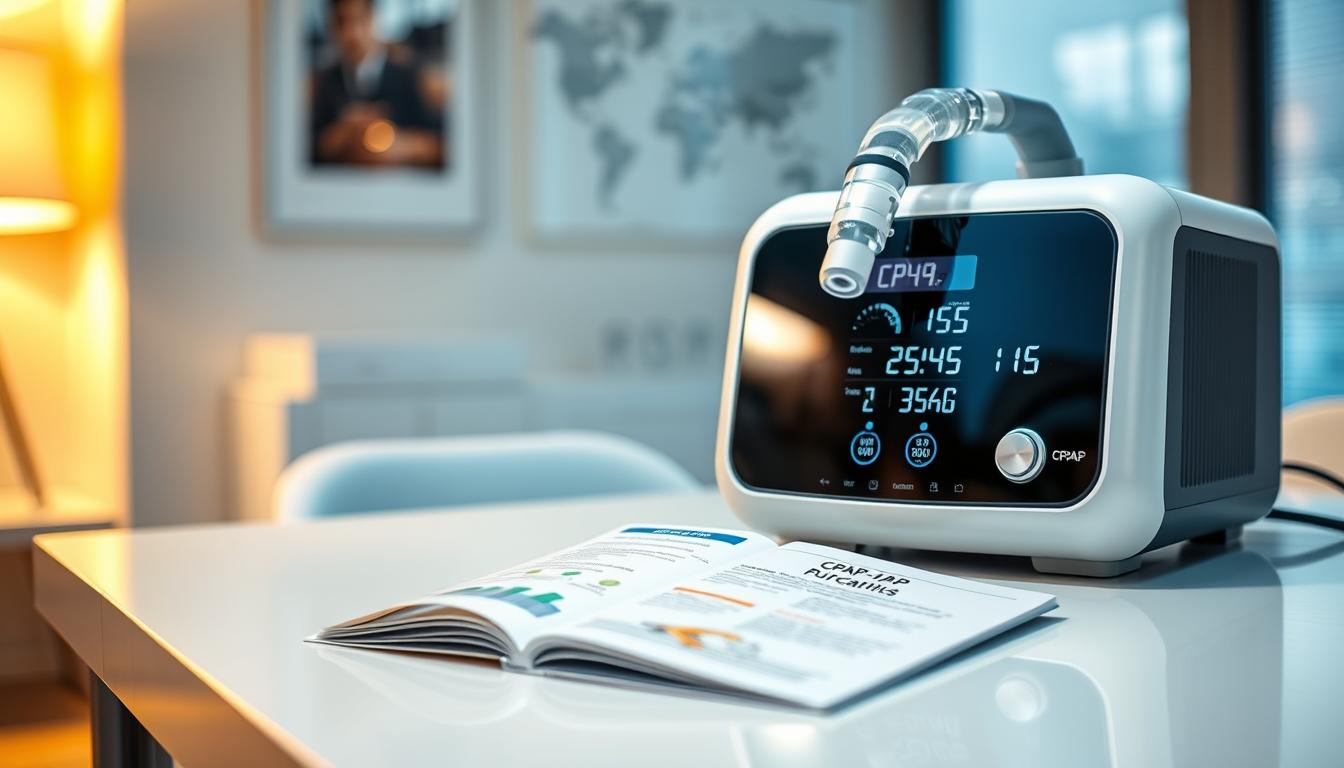 A sleek and modern CPAP machine elegantly displayed on a clean, professional desk. In the foreground, the CPAP device showcases its digital display with various key indicators highlighted—pressure settings, humidity levels, and usage hours. In the middle ground, a detailed brochure with beautifully laid-out infographics next to the machine illustrates essential CPAP purchasing tips. The background features a subtle, softly blurred office setting with warm lighting that creates a calm and informative atmosphere. The focus is on the CPAP device, capturing its modern design and functionality, with a soft depth of field enhancing the professional mood of the scene.