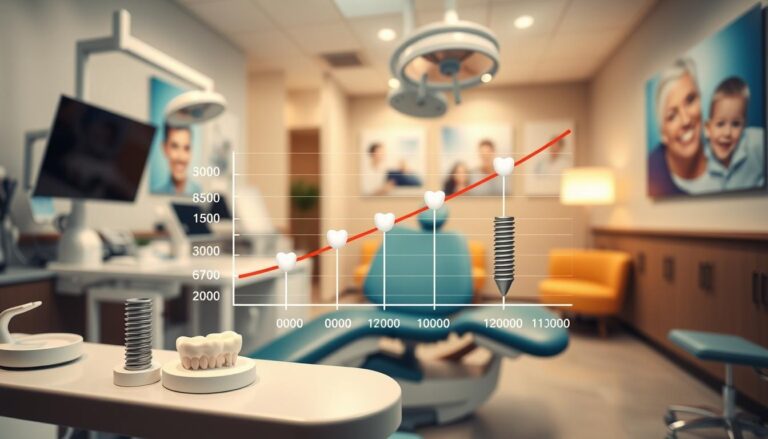 A visually engaging infographic-style image depicting the correlation between the frequency of dental check-ups and the time required for dental implants. In the foreground, a polished dental clinic setting with a well-organized workspace featuring dental tools and an implant model. In the middle layer, a clear graph illustrating the relationship, with lines and markers to show varying check-up frequencies and corresponding implant times. The background should include soft-focus dental posters and a waiting area, conveying a professional atmosphere. Utilize warm, inviting lighting to create a reassuring mood, and ensure the image has a clean, organized look, with no text, captions, or distractions.