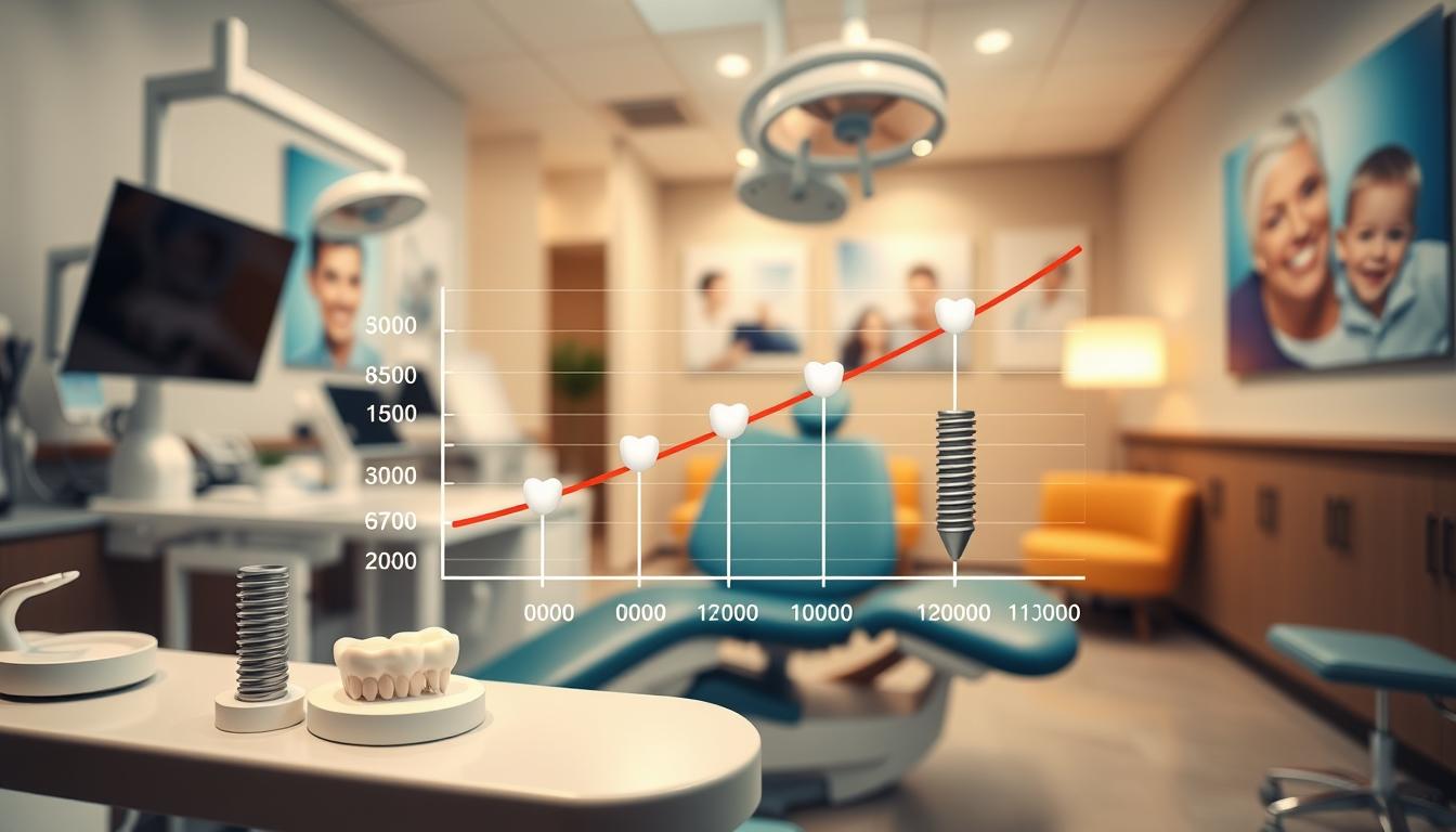 A visually engaging infographic-style image depicting the correlation between the frequency of dental check-ups and the time required for dental implants. In the foreground, a polished dental clinic setting with a well-organized workspace featuring dental tools and an implant model. In the middle layer, a clear graph illustrating the relationship, with lines and markers to show varying check-up frequencies and corresponding implant times. The background should include soft-focus dental posters and a waiting area, conveying a professional atmosphere. Utilize warm, inviting lighting to create a reassuring mood, and ensure the image has a clean, organized look, with no text, captions, or distractions.