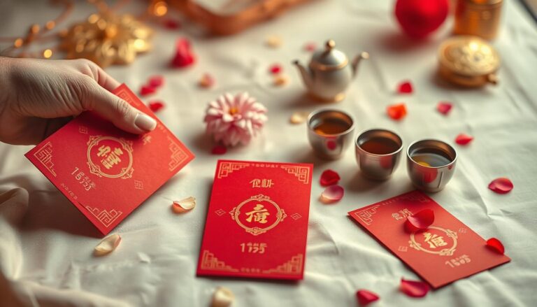 A beautifully arranged flat lay image of traditional Chinese wedding gifts, specifically focusing on colorful red envelopes (紅包) with various denominations prominently displayed. The envelopes should have intricate gold designs symbolizing good fortune and prosperity. In the foreground, a hand gently places an envelope on a silk cloth, reflecting the intimate and respectful nature of gifting in engagement culture. In the middle, scattered flower petals and tea cups symbolize harmony and celebration. The background should be softly blurred, featuring subtle gold and red decorations to enhance the festive mood. The lighting is warm and inviting, creating a cozy atmosphere that highlights the heartfelt significance of the gifts. The image is captured with a close-up angle to emphasize detail.